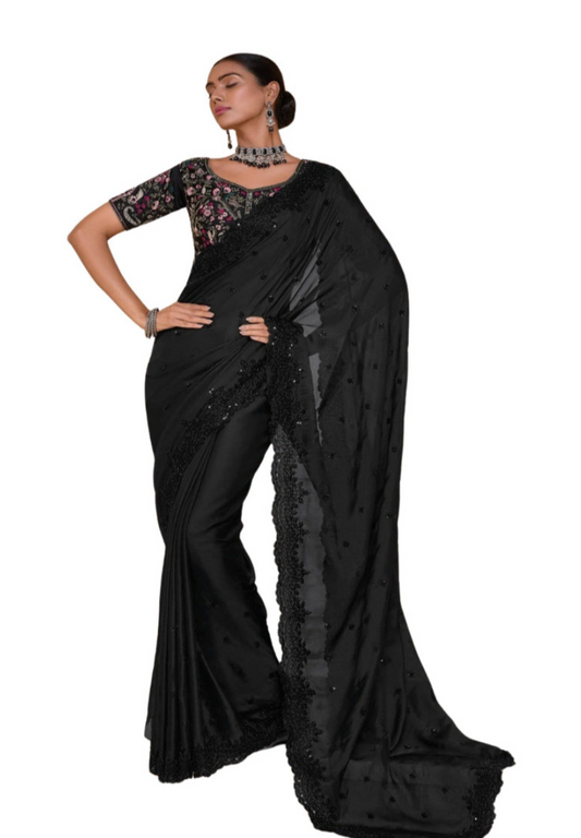 Chiffon saree with sequence and bead work  Black - Eljoys Fashion