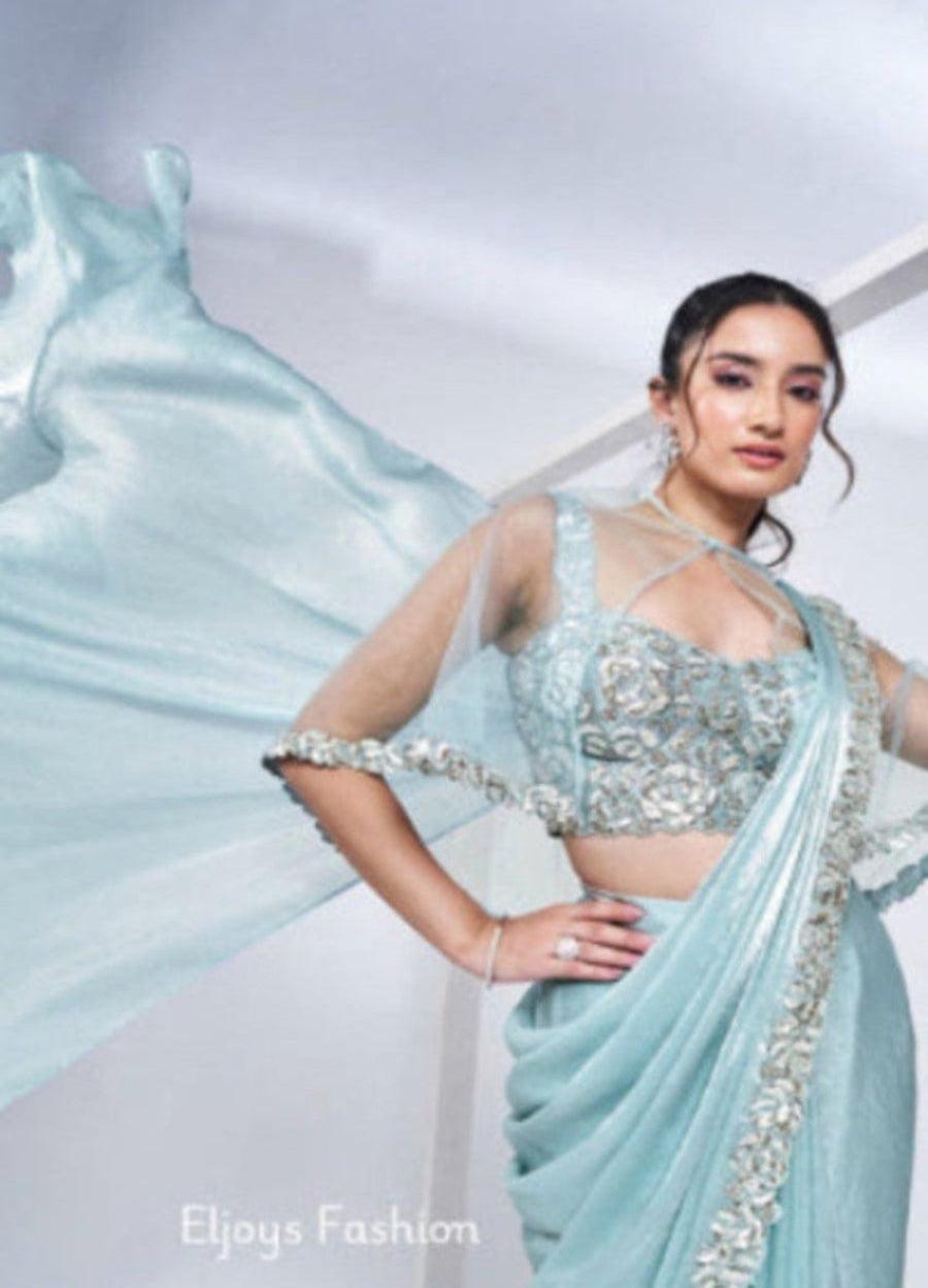 Designer Heavy Ready To Wear Saree Party Wear Two Tone Satin Silk Ice Blue - Eljoys Fashion