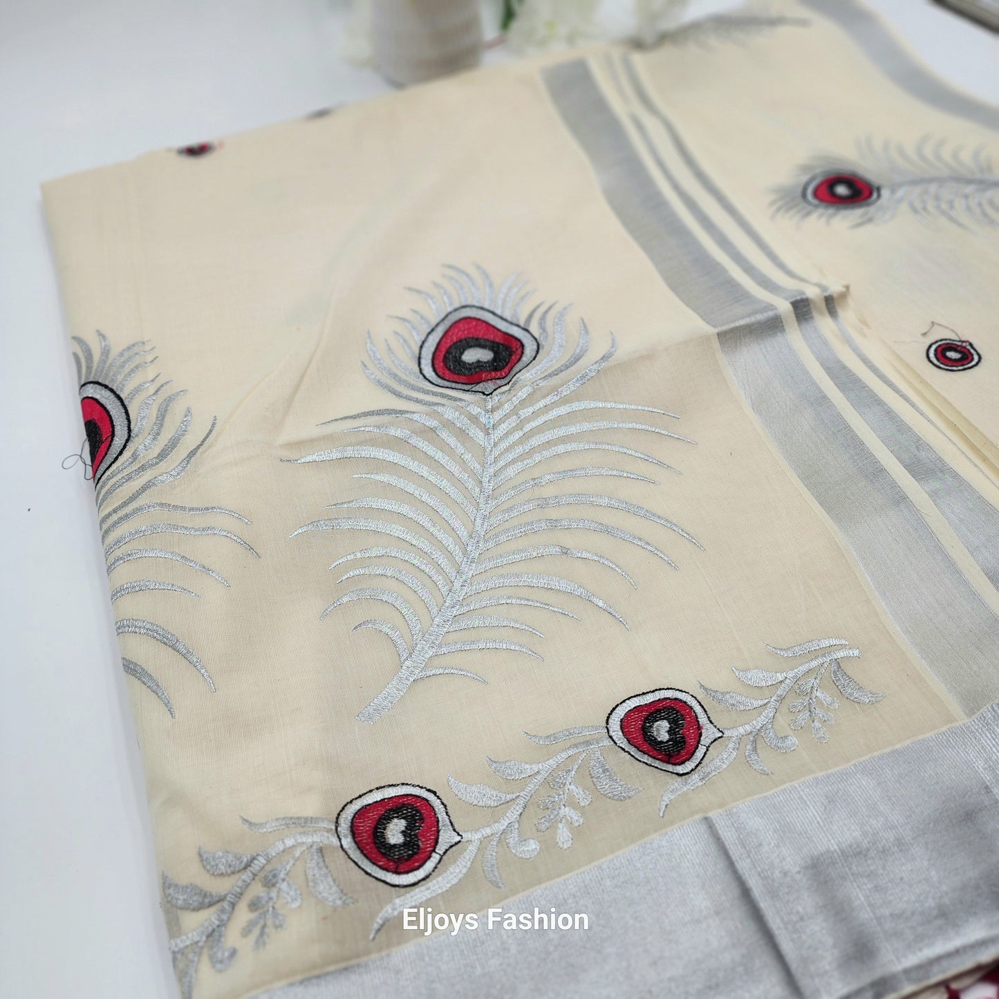 Tissue Silk South Indian Saree with silver red black Combo covert design
