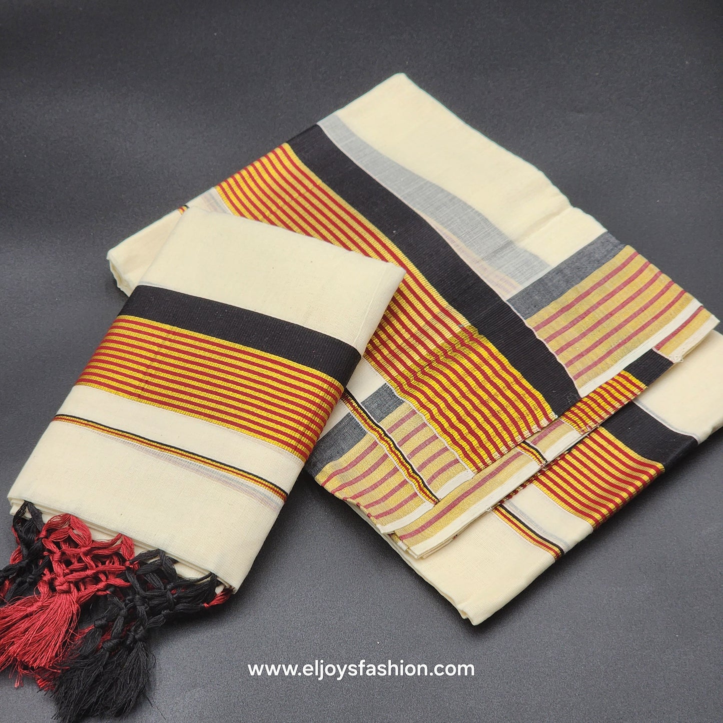 Set Mundu black red tassel works with gold burgundy black lines 4004