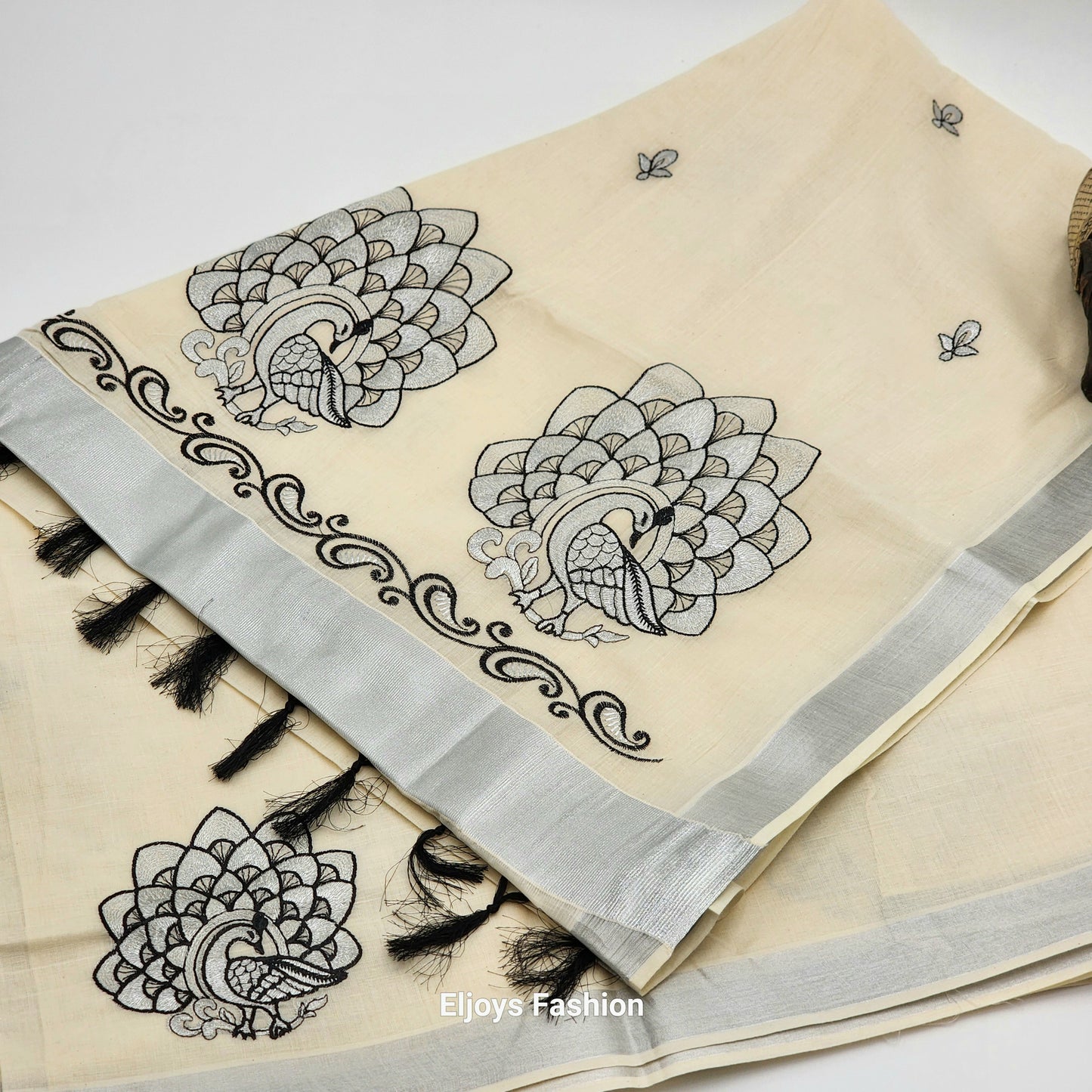 Tissue Silk South Indian Saree - Peacock design Cream and black combo - Eljoys Fashion