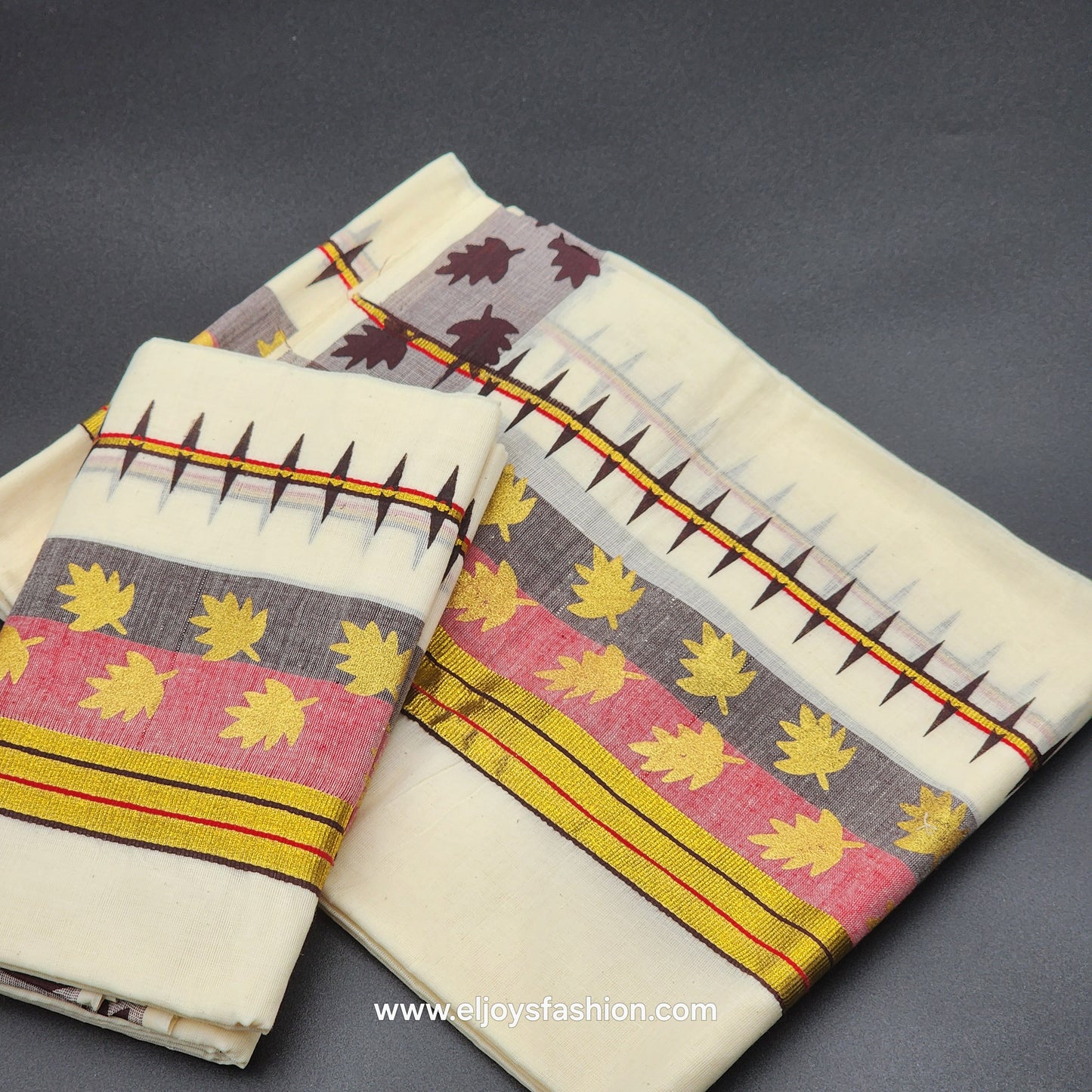 Set Mundu black, red, gold border with leaf designs 4002