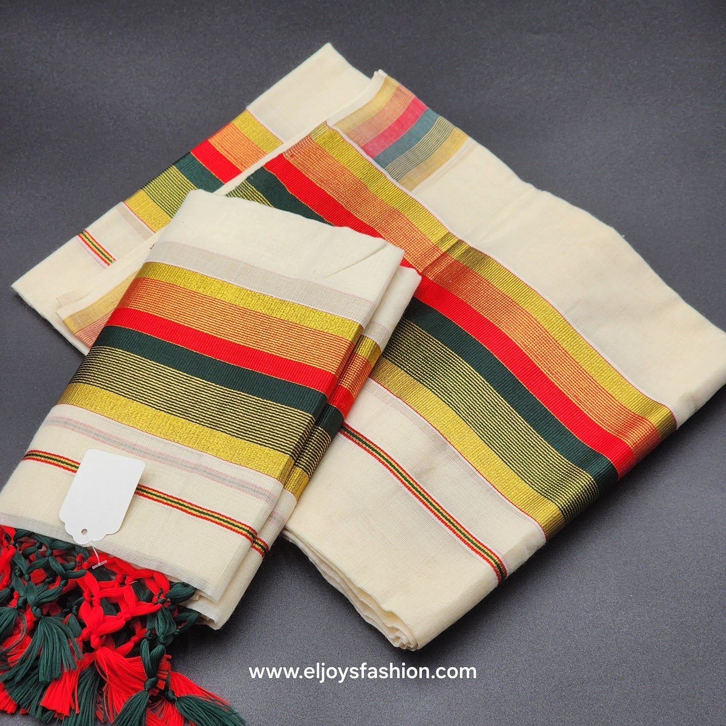 Set Mundu Tissue Silk Broader Green,Gold, Burgundy with Tassel work 4010
