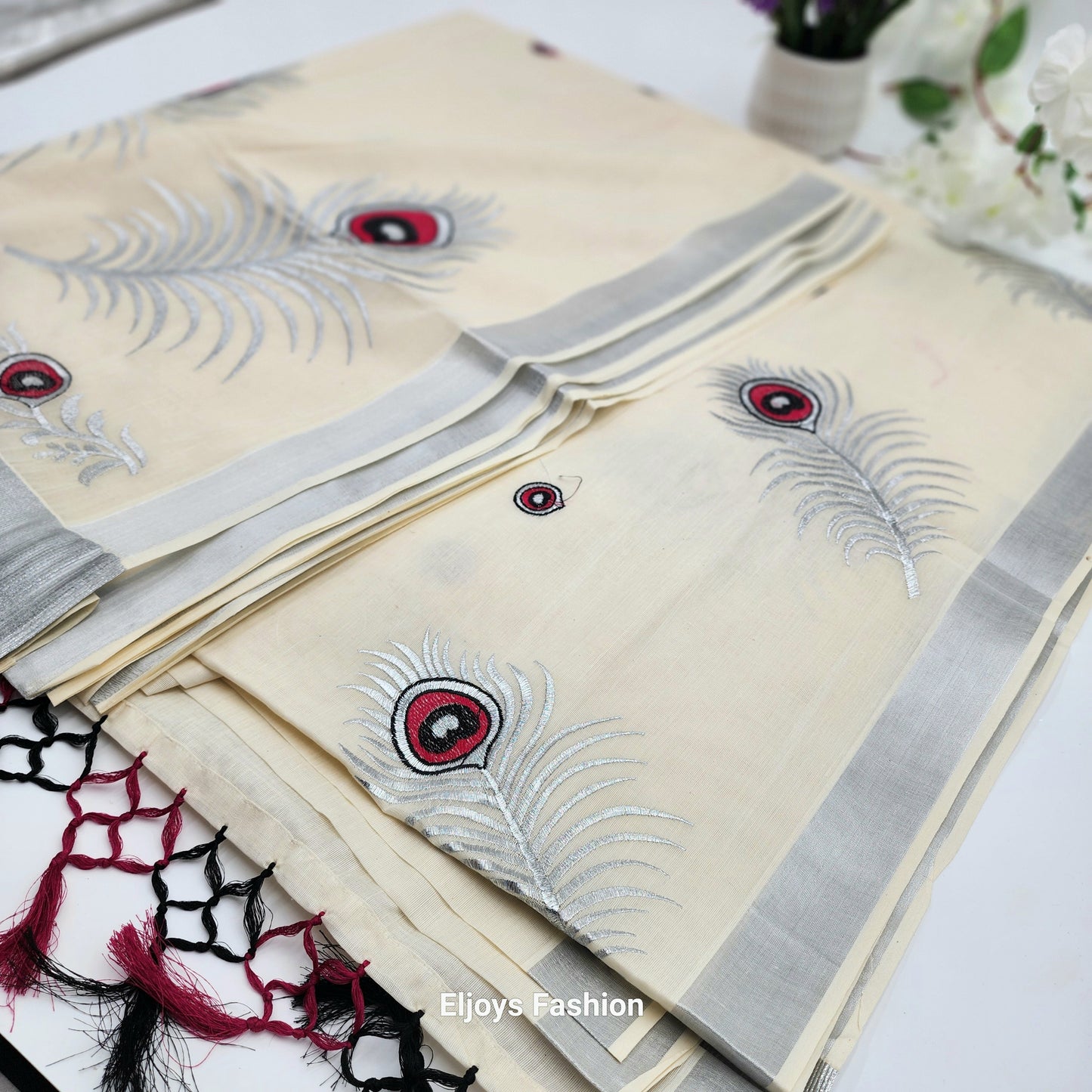 Tissue Silk South Indian Saree with silver red black Combo covert design