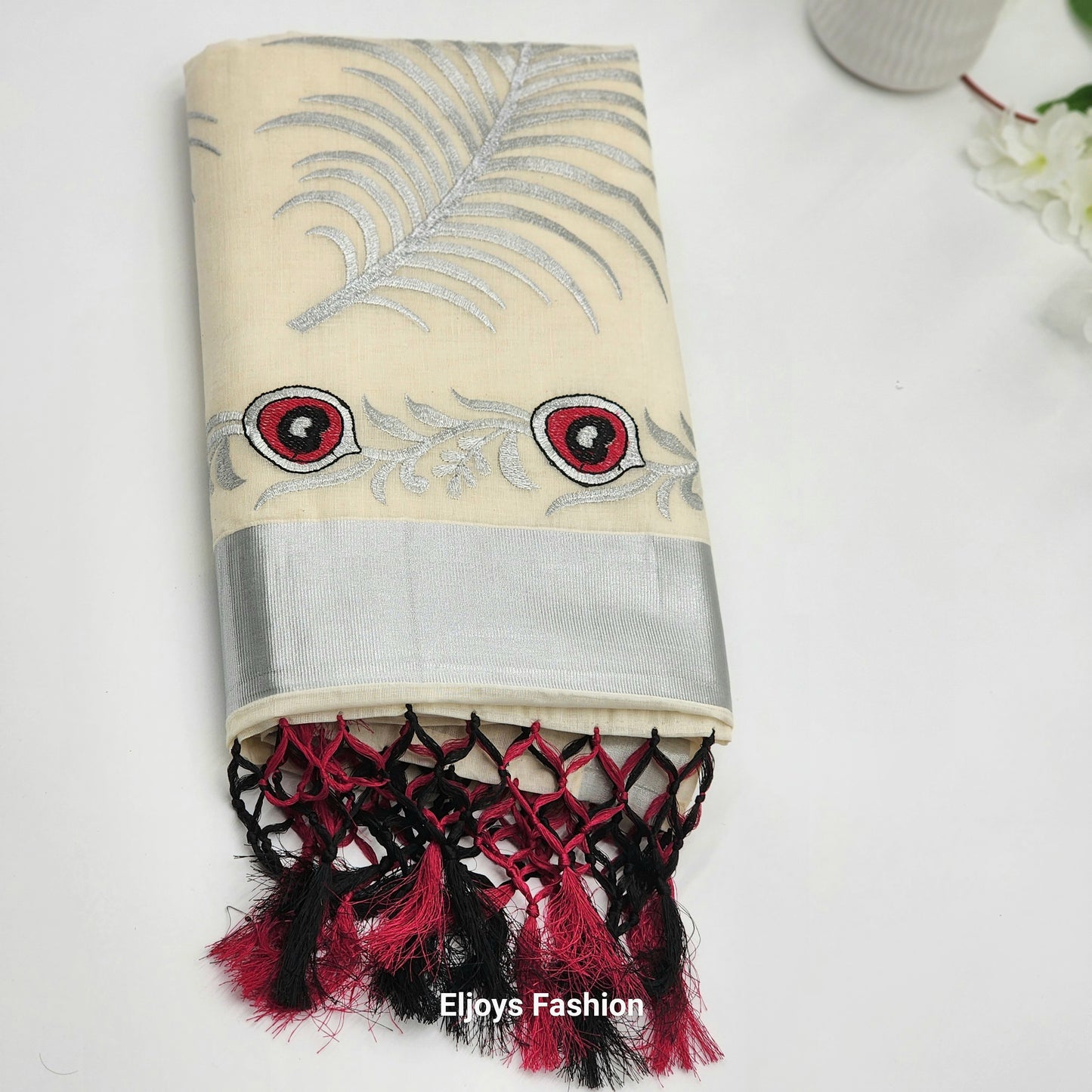 Tissue Silk South Indian Saree with silver red black Combo covert design Eljoys Fashion