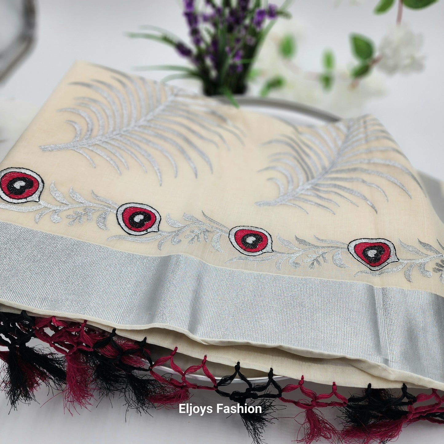 Tissue Silk South Indian Saree with silver red black Combo covert design