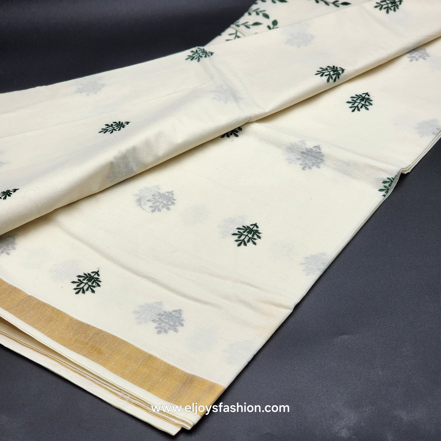 Kerala Saree 3 inch wide golden border and green creeper embroidery works on body 2144