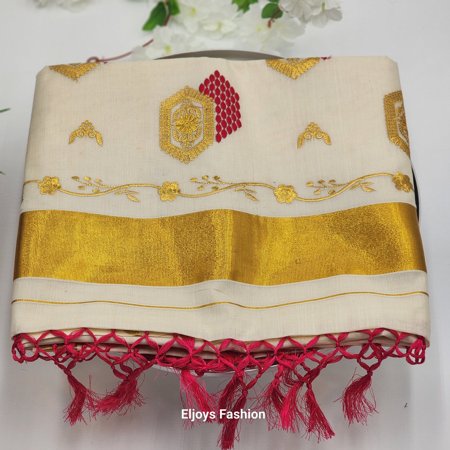 Tissue Silk South Indian Saree with Gold borders and Red Patterns - Eljoys Fashion