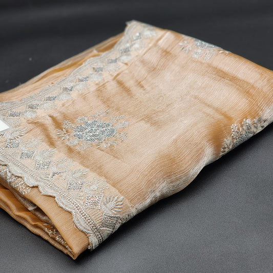 chiffon synthetic material- beige with silver embroidery and stone work-1148 Eljoys Fashion