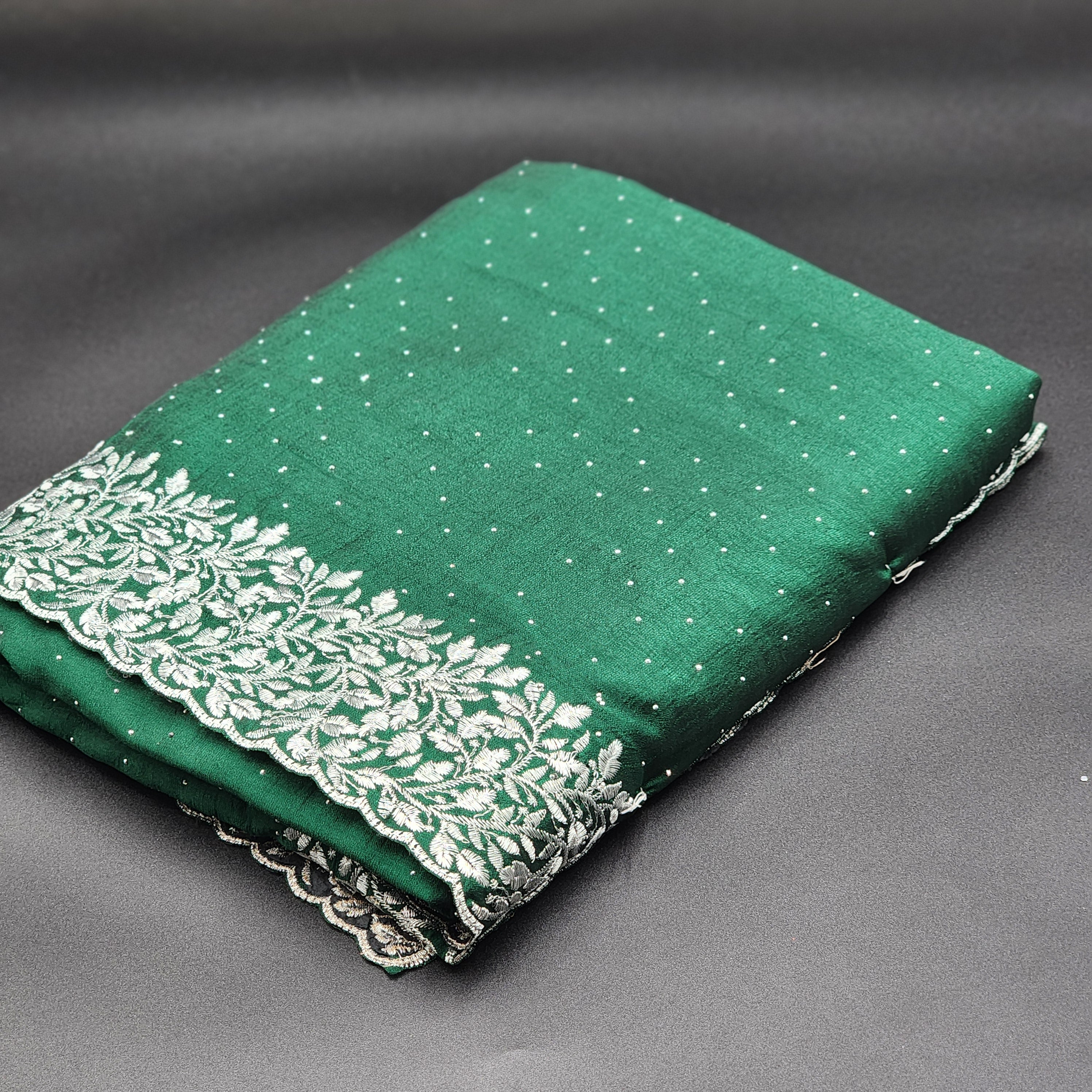 silk saree-green with silver embroidery and stone work- 1149 Eljoys Fashion