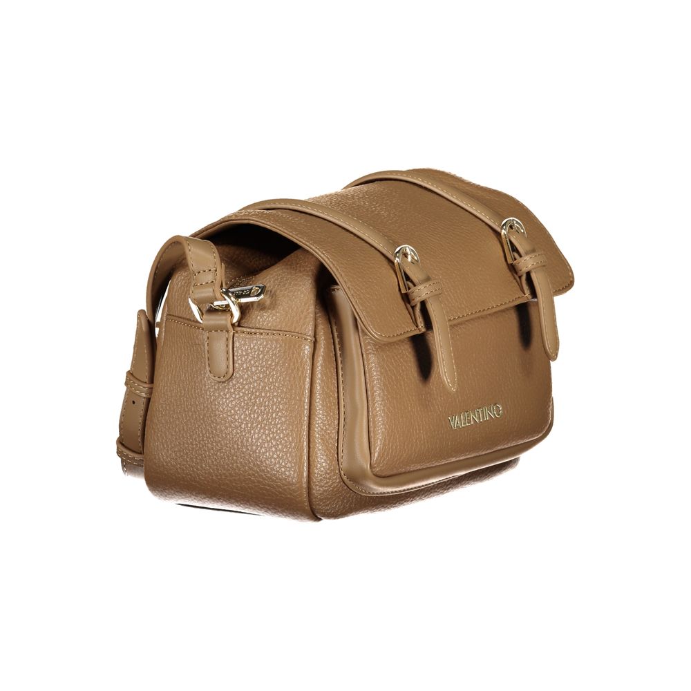 Mario Valentino brown polyurethane women's bag with sleek design and gold-tone accents, featuring top handles and a spacious interior.