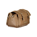 Mario Valentino brown polyurethane women's bag with sleek design and gold-tone accents, featuring top handles and a spacious interior.