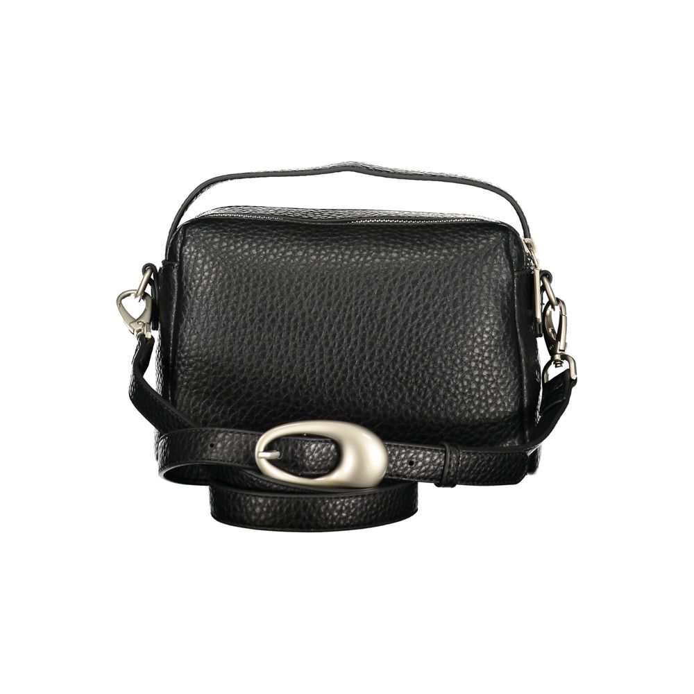 Black Mario Valentino women's polyurethane bag with sleek design and gold-tone hardware, featuring a top handle and spacious interior.