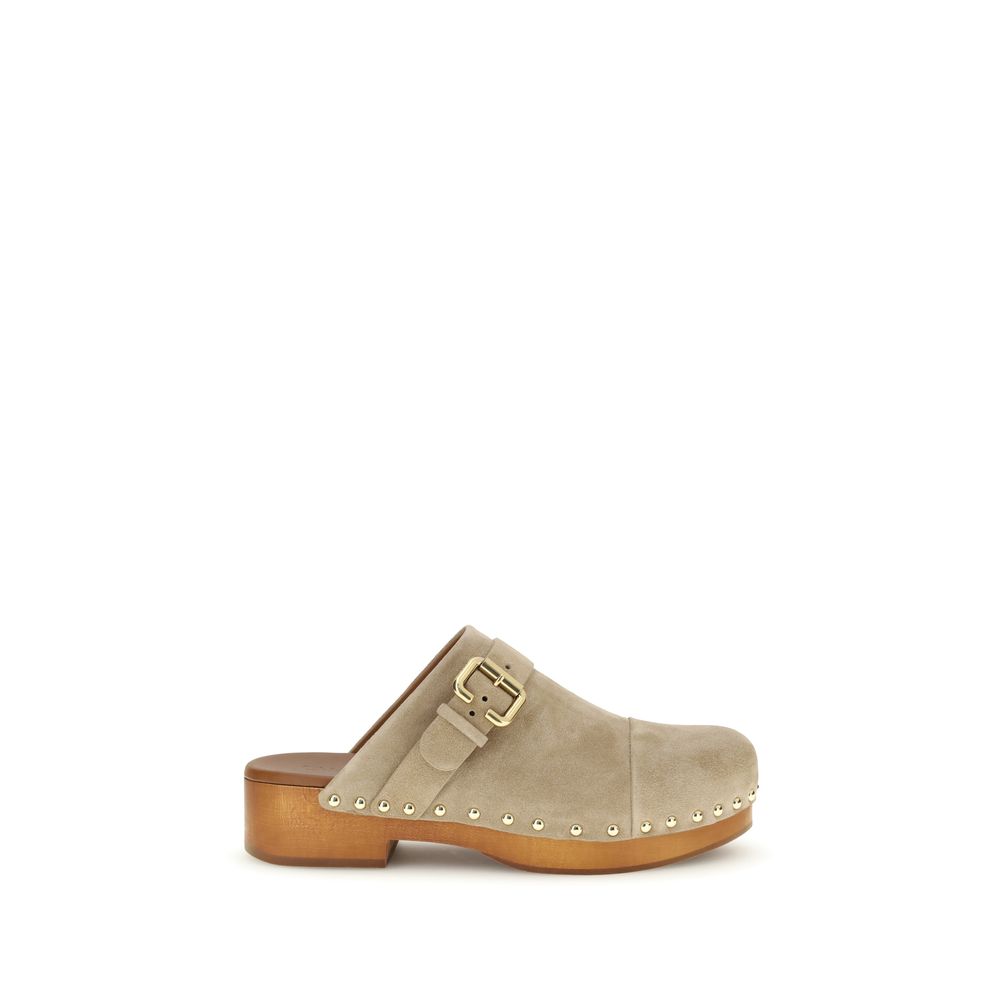 Chloé beige calf leather Bos Taurus clogs with wooden soles and open back, stylish and comfortable footwear for women.