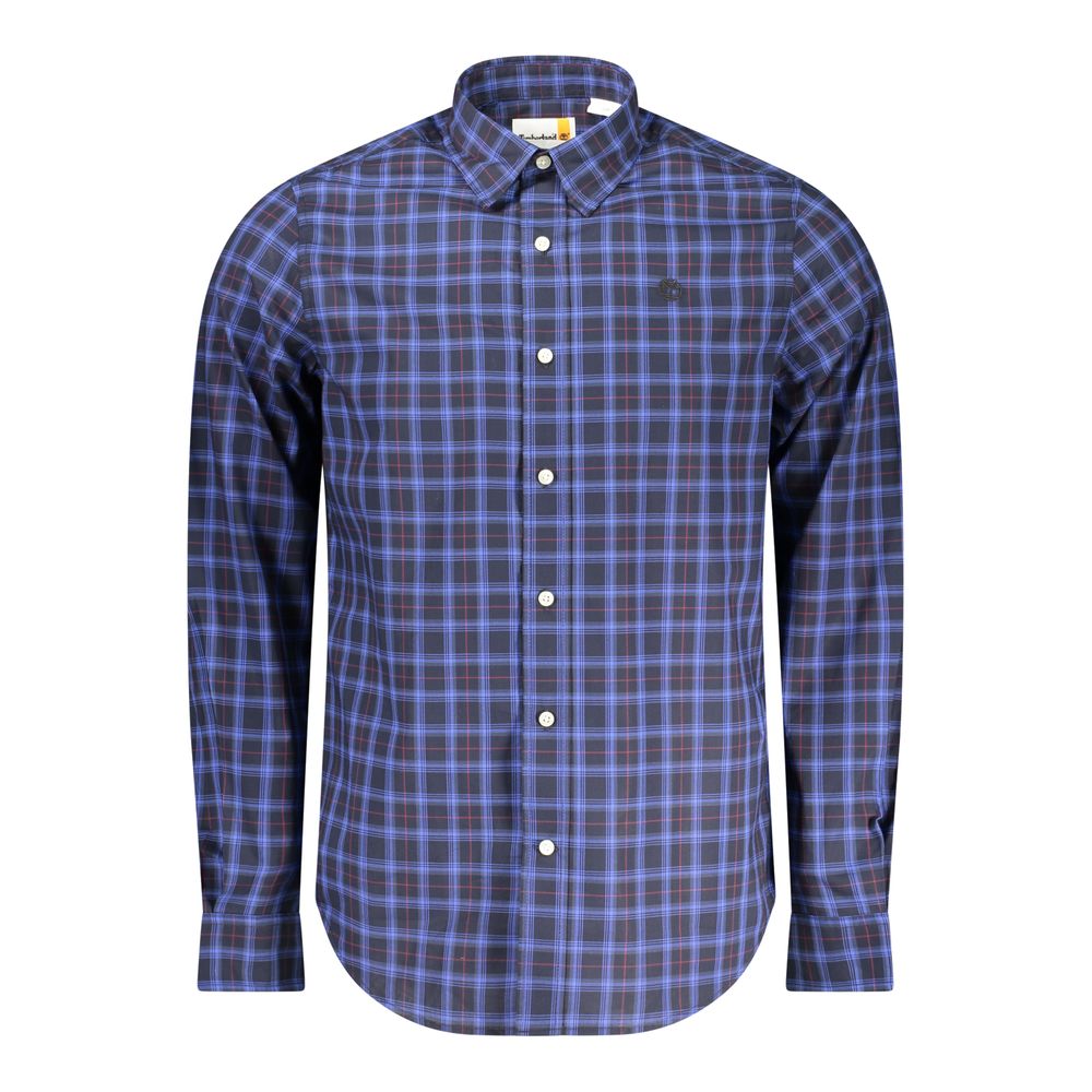 Timberland Blu Cotton Men’s Shirt displayed flat, featuring a classic button-up design with a collar and long sleeves.