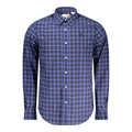 Timberland Blu Cotton Men’s Shirt displayed flat, featuring a classic button-up design with a collar and long sleeves.