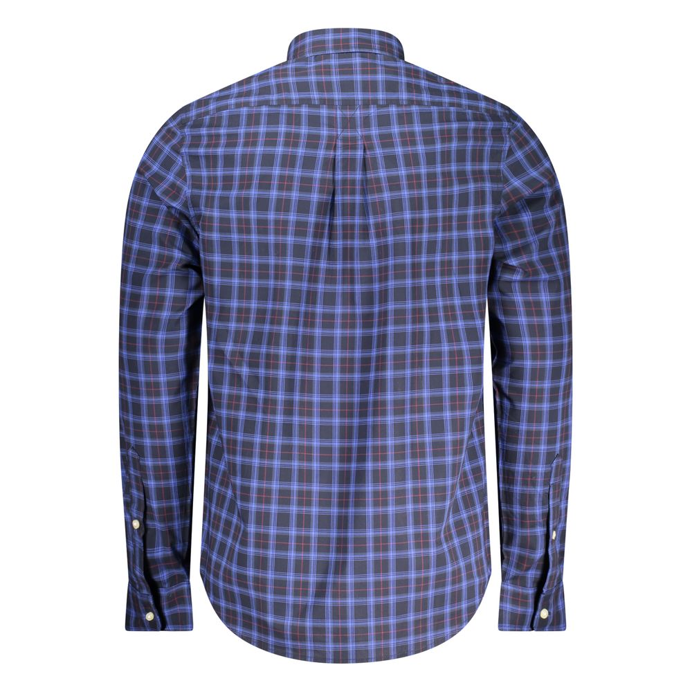 Timberland Blu Cotton Men’s Shirt displayed on a hanger, showcasing the casual collared shirt with long sleeves and button-front design.