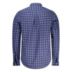 Timberland Blu Cotton Men’s Shirt displayed on a hanger, showcasing the casual collared shirt with long sleeves and button-front design.