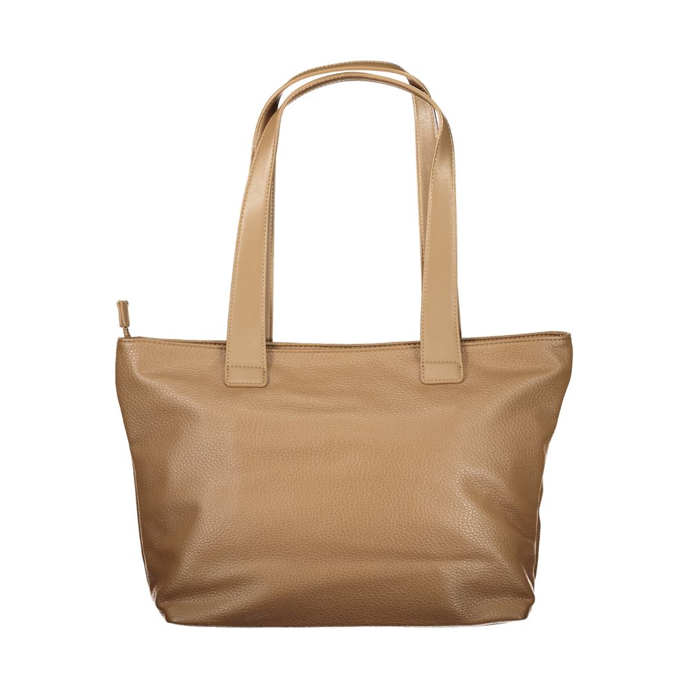 Mario Valentino brown polyurethane women's bag with sleek design and top handle, featuring subtle branding and spacious interior.