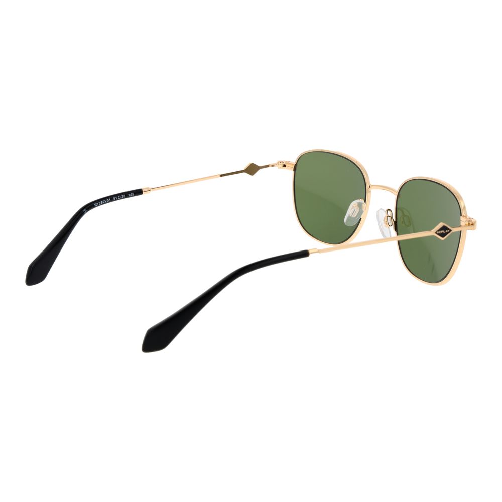 Replay gold metal sunglasses with rounded frames and dark lenses, stylish accessory for sunny days.