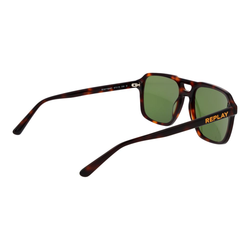 Replay brown plastic sunglasses with round frames and dark tinted lenses, stylish accessory for sunny days.