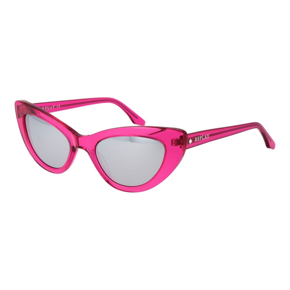 Replay pink plastic sunglasses with rounded frames and tinted lenses, stylish accessories for sunny days.