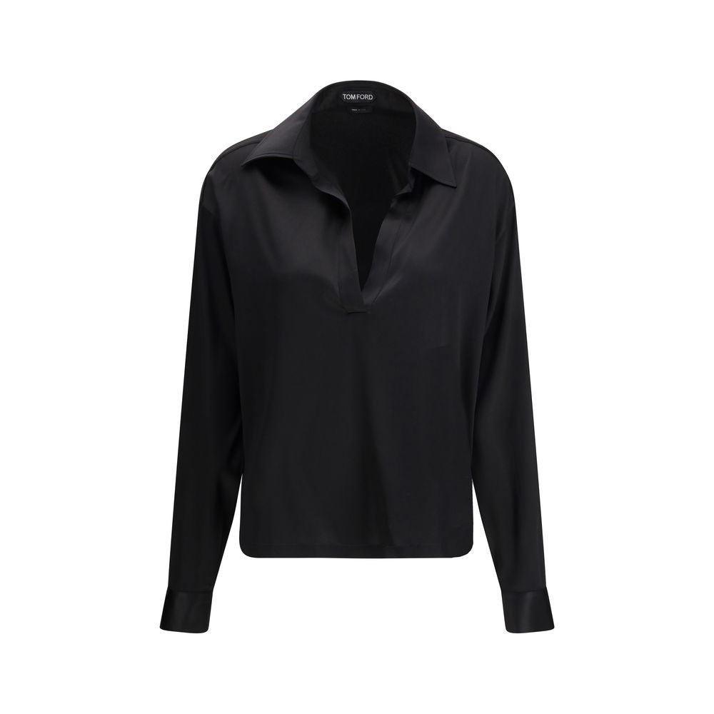 Tom Ford black silk dress shirt displayed on a hanger, showcasing its smooth fabric and classic design.