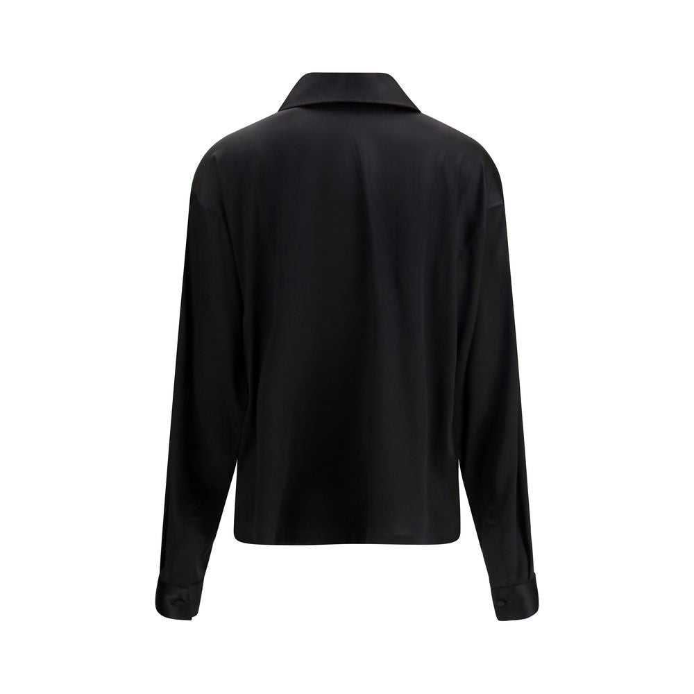 Tom Ford black silk dress shirt with a classic collar and button-front, displayed on a hanger.