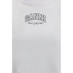 Ganni white cotton T-shirt laid flat with short sleeves and crew neckline, casual and breathable everyday top.