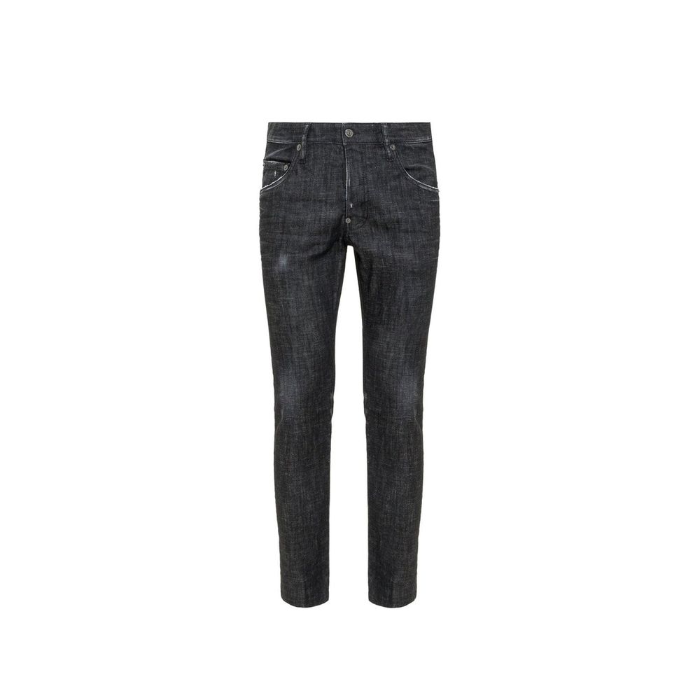 Black cotton skinny jeans by Dsquared² with classic five-pocket design and slim fit, displayed on a model.