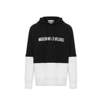 Black cotton Moschino sweatshirt with logo detail, casual long-sleeve top, relaxed fit, and stylish streetwear design.