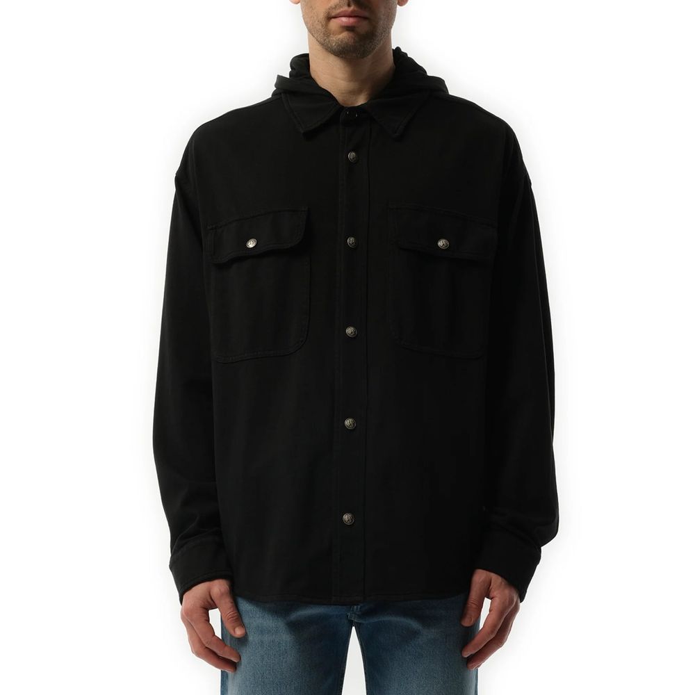 Palm Angels black denim shirt with button-down front and classic collar, displayed on a plain background.
