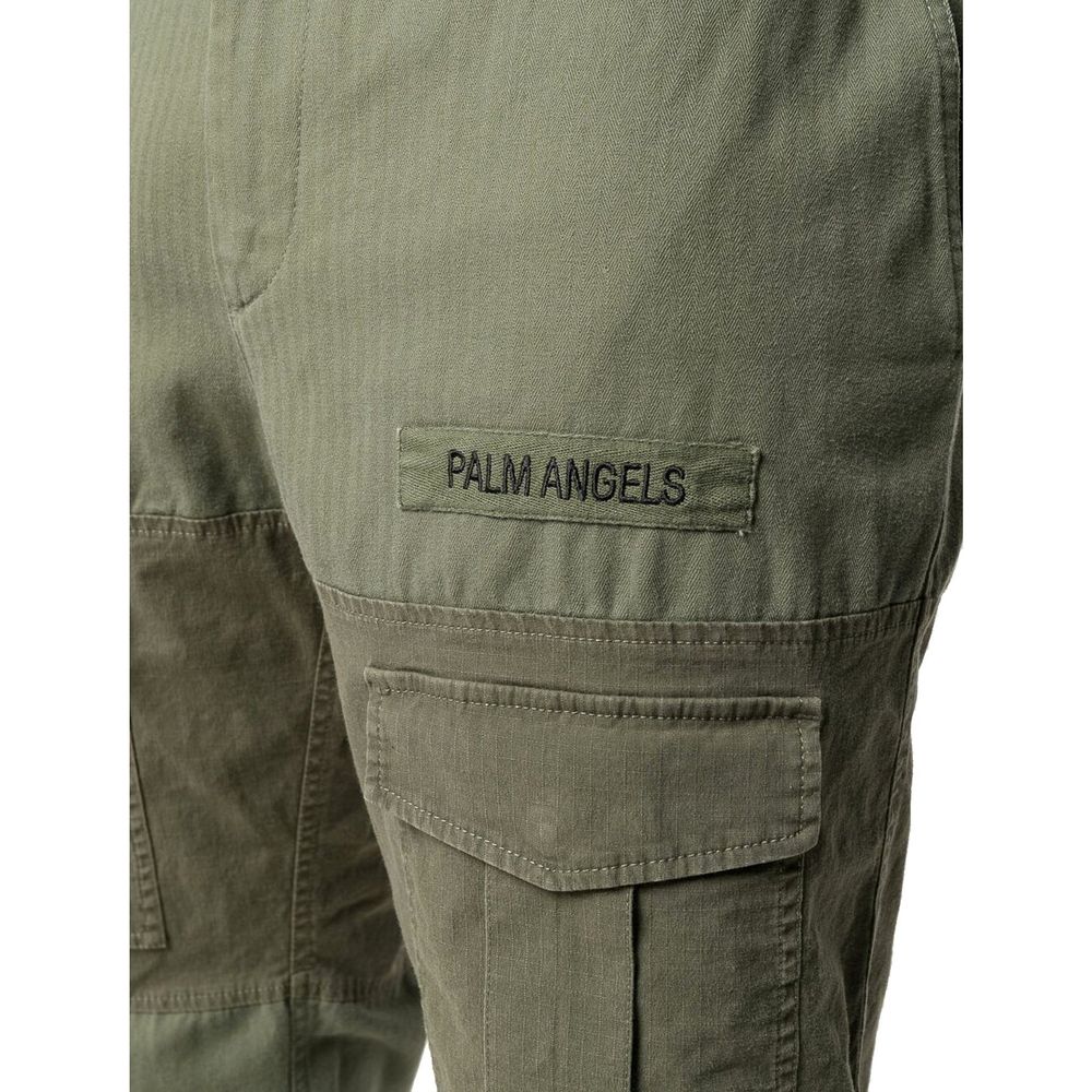 Palm Angels bicolor cotton cargo pants with multiple pockets and relaxed fit, displayed in a front view.