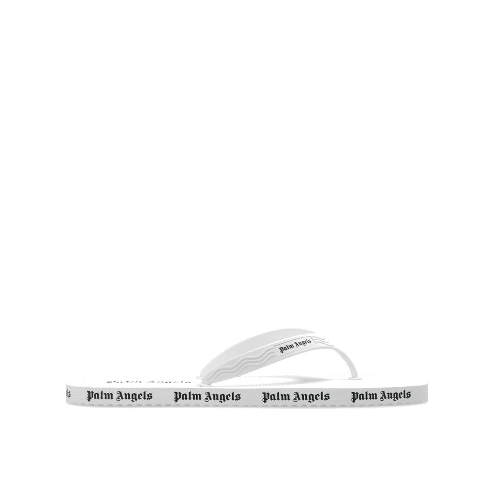 Palm Angels white rubber slides with open toe and wide strap, featuring the brand logo, perfect for casual summer wear.