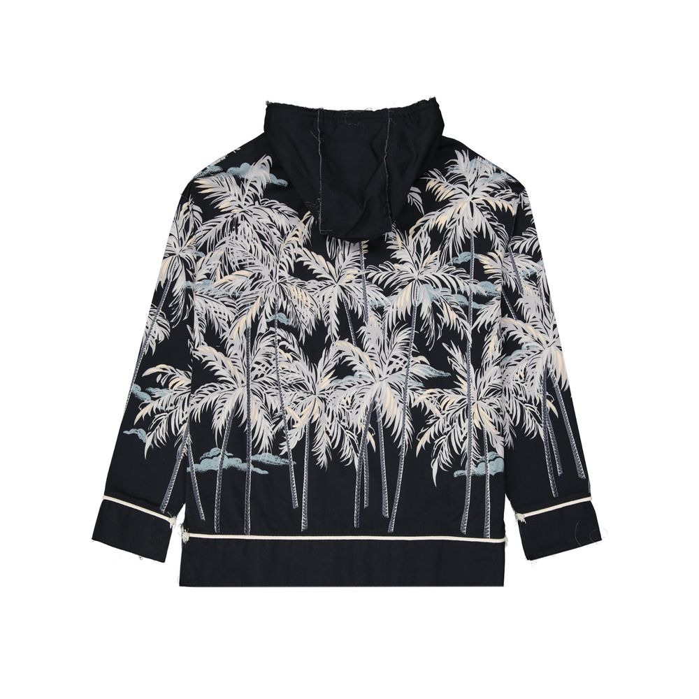 Palm Angels black cotton shell jacket with hood and zip closure, lightweight and stylish outdoor outerwear.