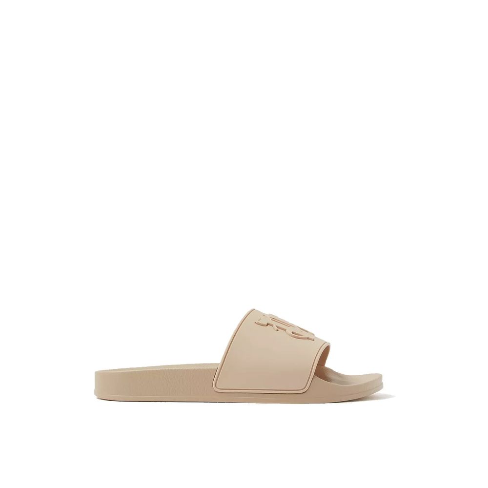 Beige Palm Angels rubber slides with wide strap and logo detail, casual footwear for summer and everyday wear