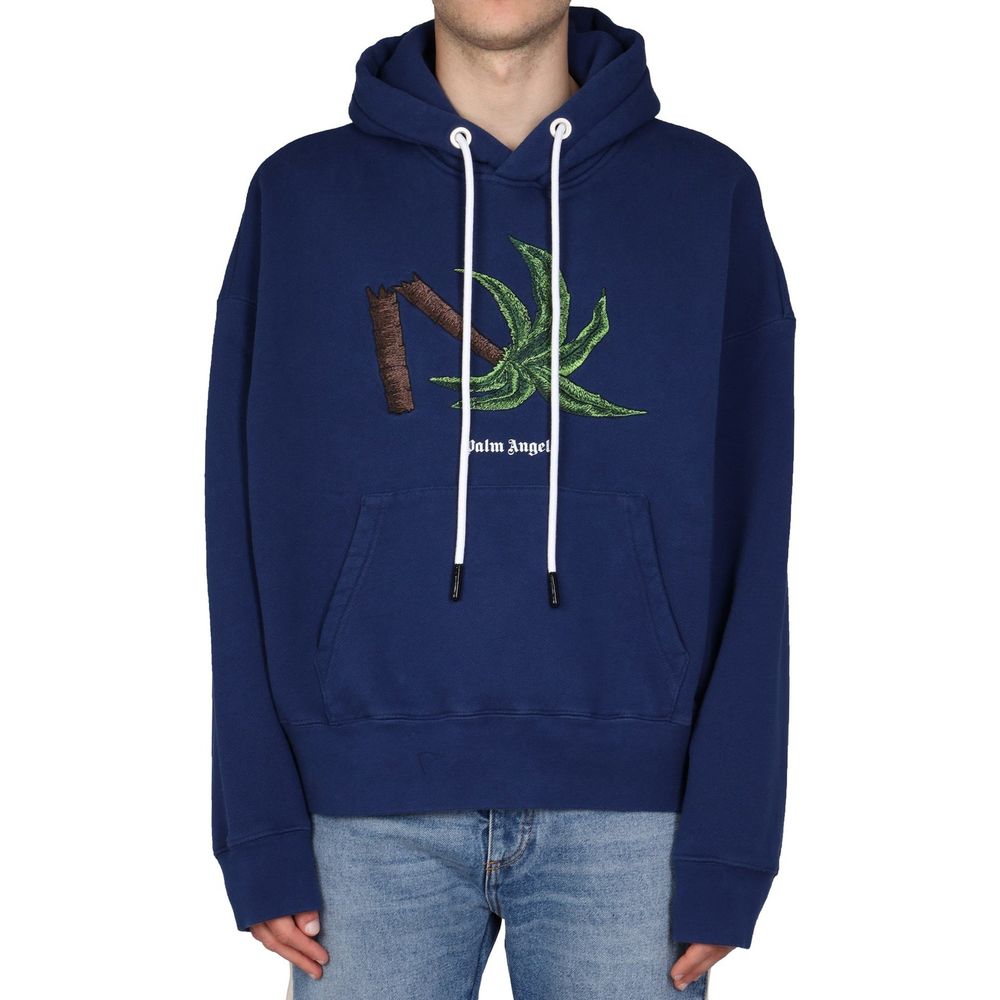 Palm Angels blue cotton sweatshirt with a relaxed fit, featuring the brand's logo on the front, displayed on a hanger.