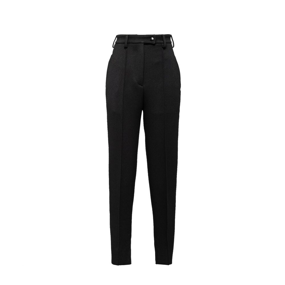 Prada black virgin wool dress pants with tailored fit and classic design, displayed on a neutral background.