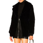 Alberta Ferretti blue rabbit fur full-length jacket displayed on a hanger with a plush, luxurious appearance and detailed fur texture.