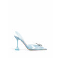 Amina Muaddi blue plexiglass high heel pumps with sleek design and clear acrylic straps on a neutral background.