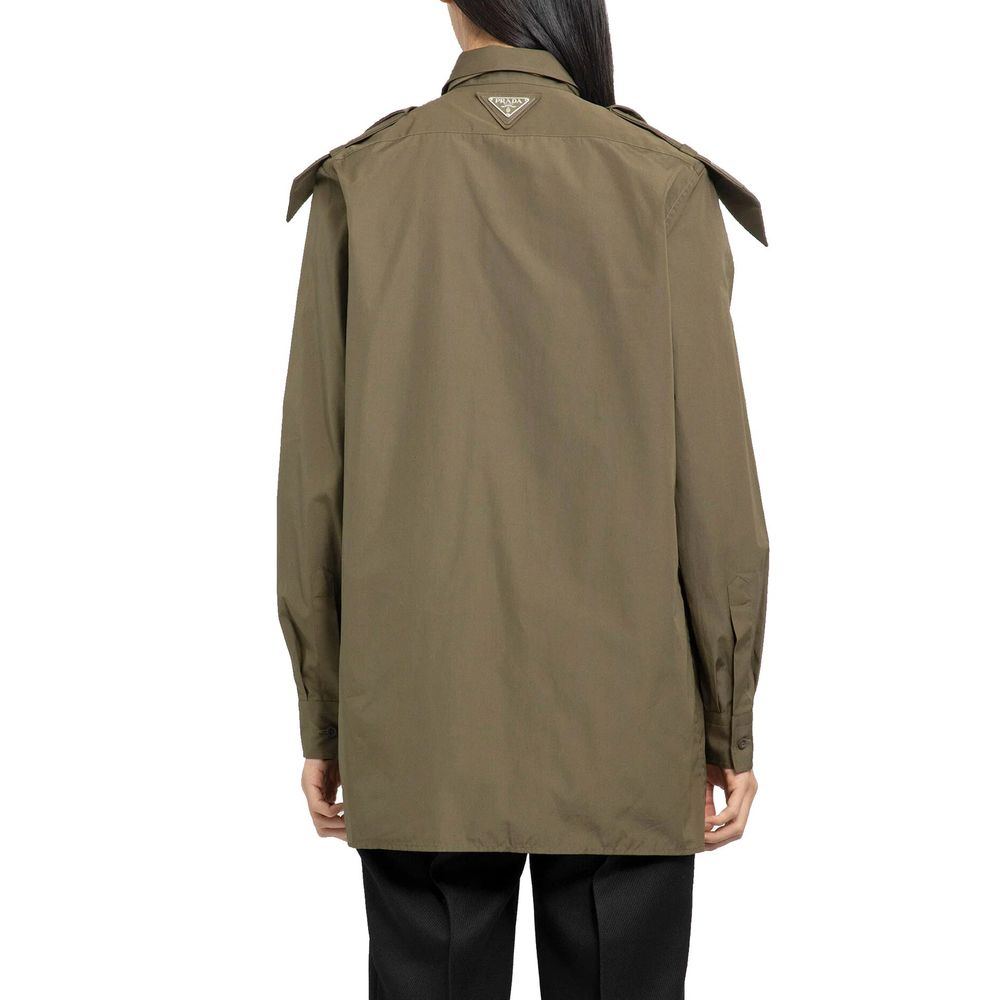 Prada bicolor cotton pattern shirt with geometric design, long sleeves, and classic collar, displayed on a neutral background.