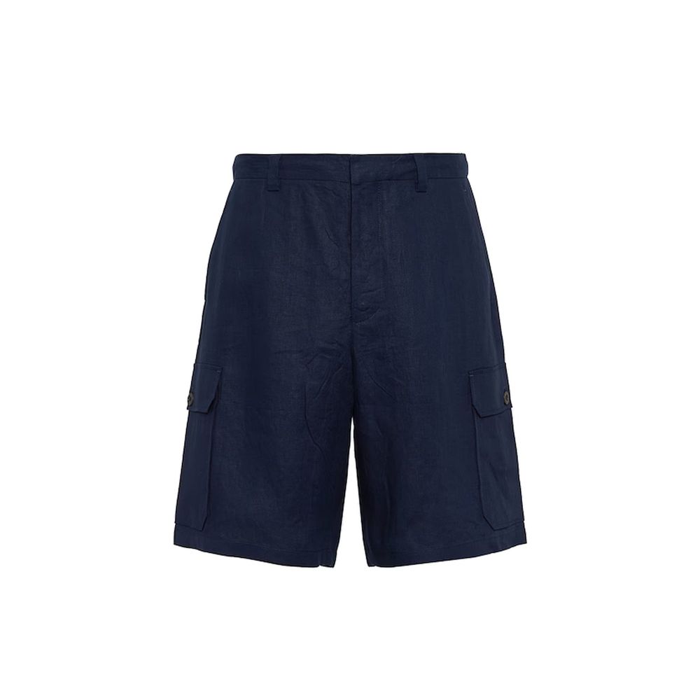 Prada blue linen Bermuda shorts with a relaxed fit and tailored waistband, ideal for casual summer wear.