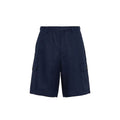Prada blue linen Bermuda shorts with a relaxed fit and tailored waistband, ideal for casual summer wear.