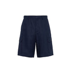 Prada blue linen Bermuda shorts with a relaxed fit and tailored waistband, ideal for casual summer wear.