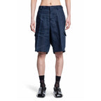 Prada blue linen Bermuda shorts displayed on a hanger, showcasing their lightweight fabric and tailored fit.