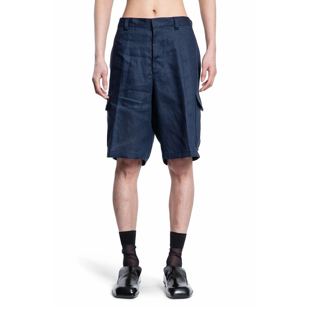 Prada blue linen Bermuda shorts displayed on a hanger, showcasing their lightweight fabric and tailored fit.
