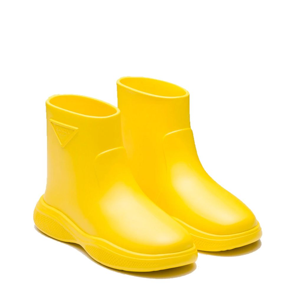 Prada multicolor rubber rain boots with vibrant pattern and slip-resistant soles, perfect for wet weather.