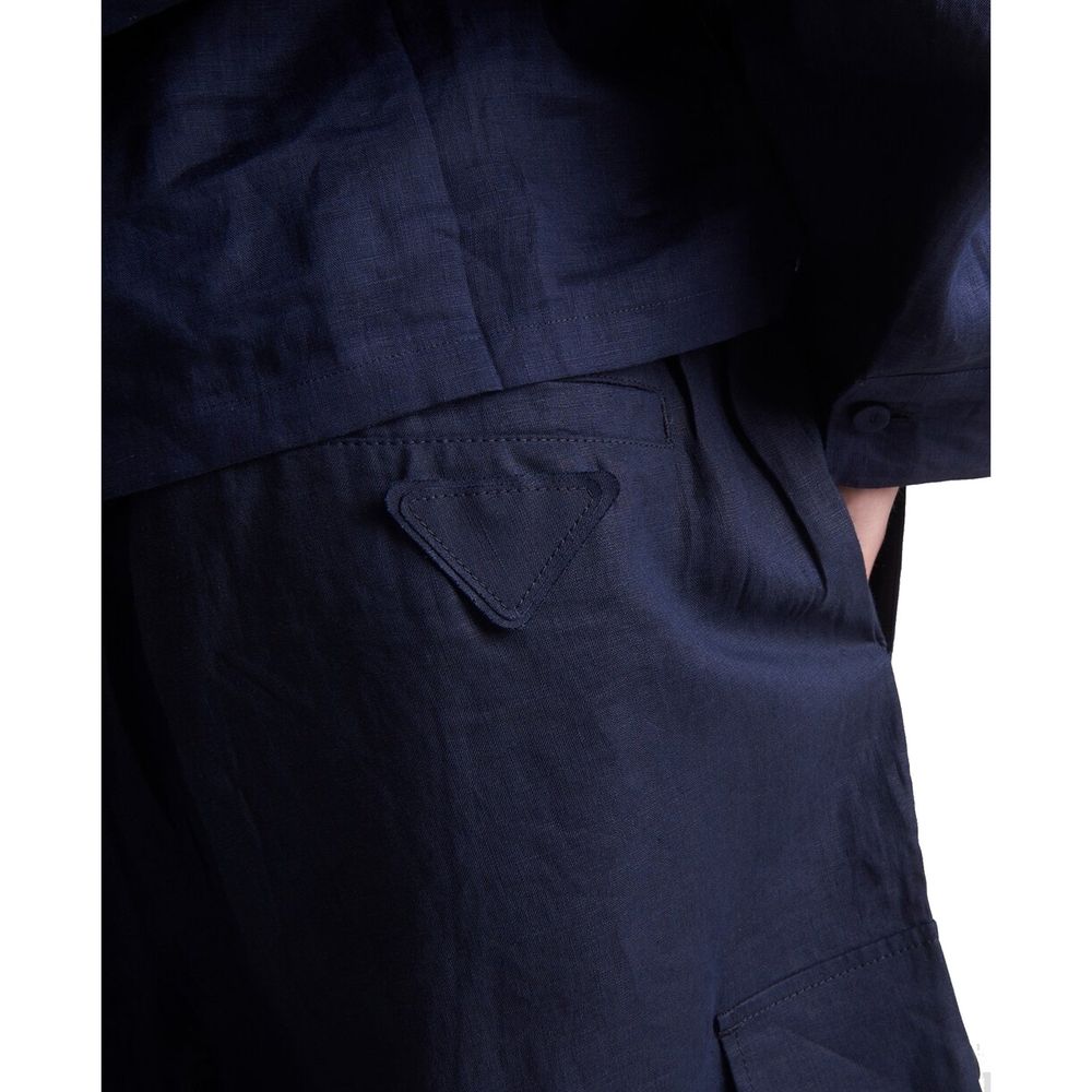 Prada blue linen Bermuda shorts with a relaxed fit, featuring a tailored waistband and classic design, perfect for casual wear.