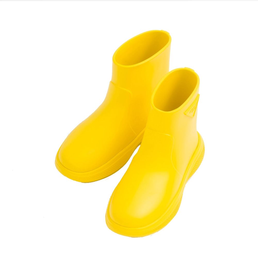 Prada multicolor rubber rain boots with vibrant, patterned design and sturdy soles for waterproof footwear.