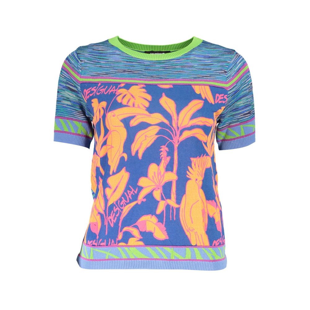 Desigual blue cotton T-shirt with colorful graphic print, short sleeves, and round neckline, casual and comfortable for everyday wear.